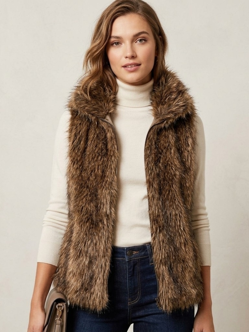 LOFT Faux Fur Vest in Brown Small